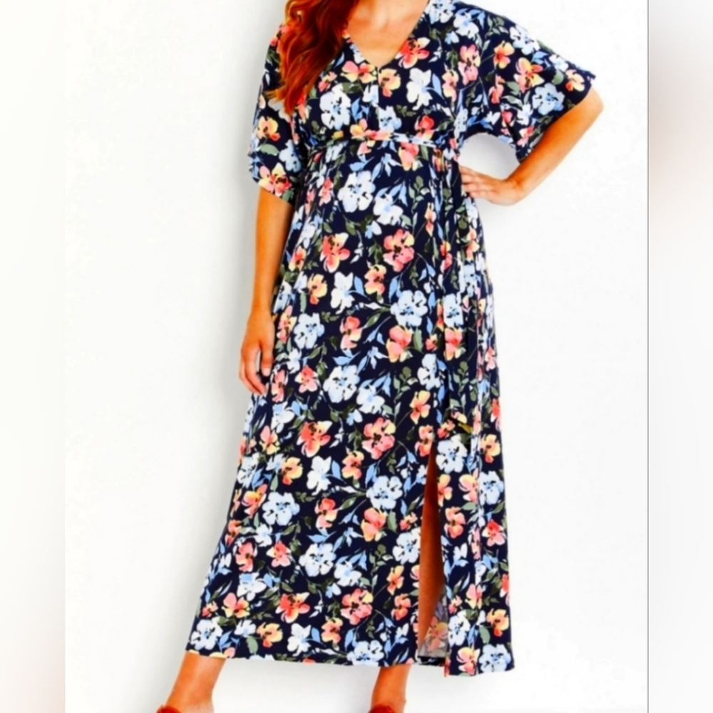 Motherhood Black Floral V-neck Kimono Style Sleeves Tied Back Maxi Dress S